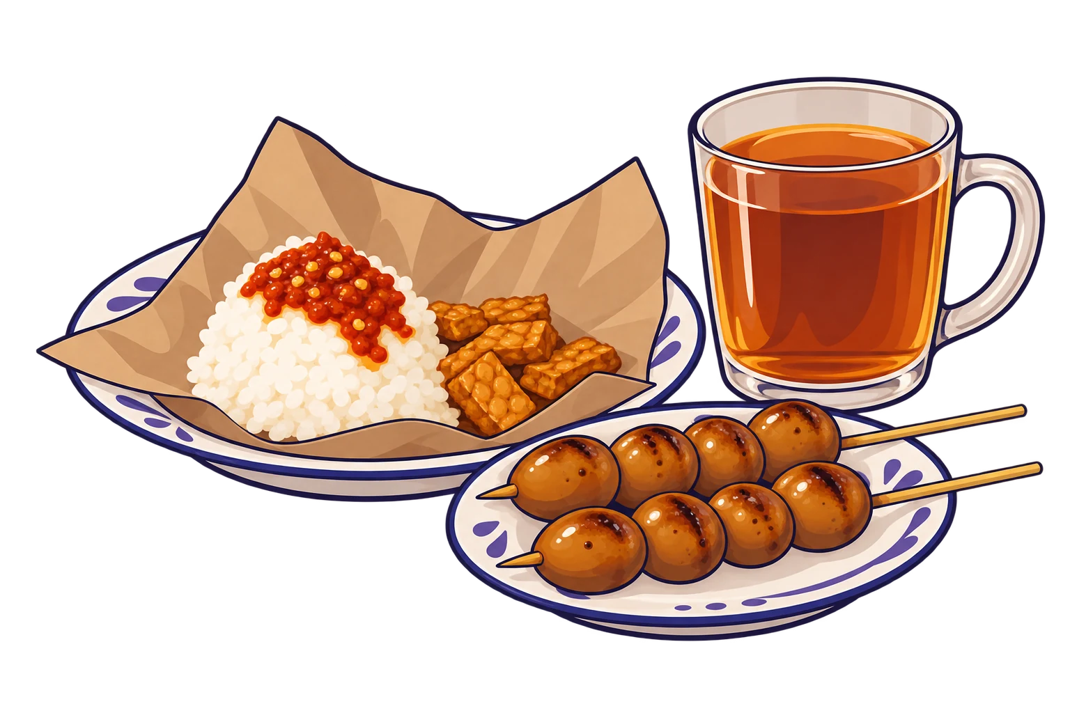 Ilustrasi nasi kucing, sate telur puyuh, dan segelas teh hangat.