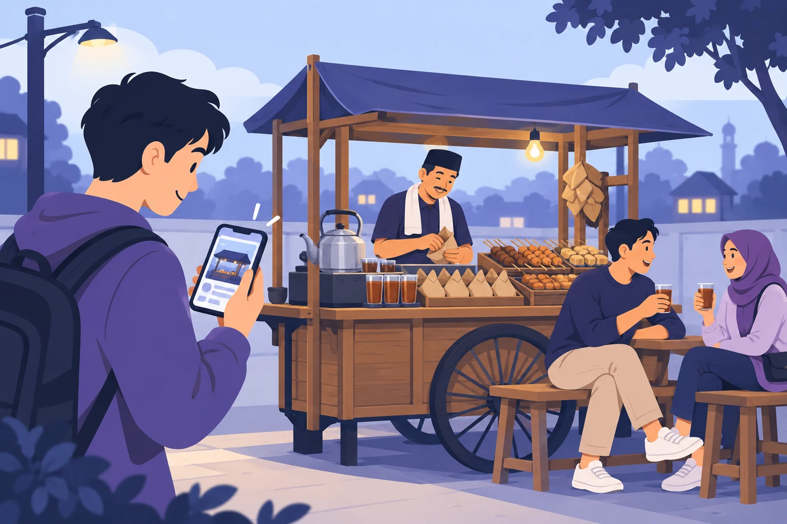 Ilustrasi gerobak angkringan, penjual, pengunjung, dan seseorang yang mencari informasi melalui ponsel.